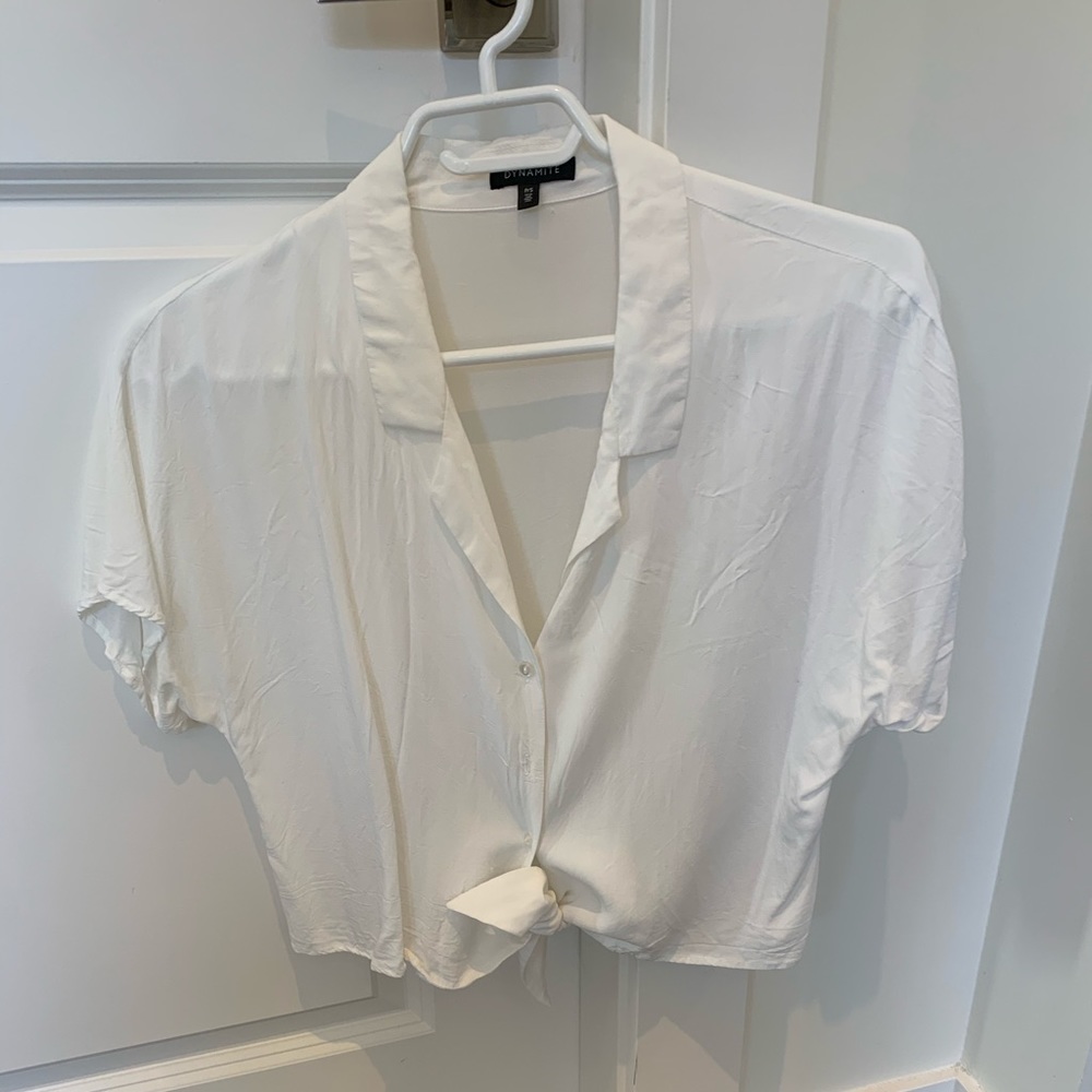 Cropped front tie button up blouse